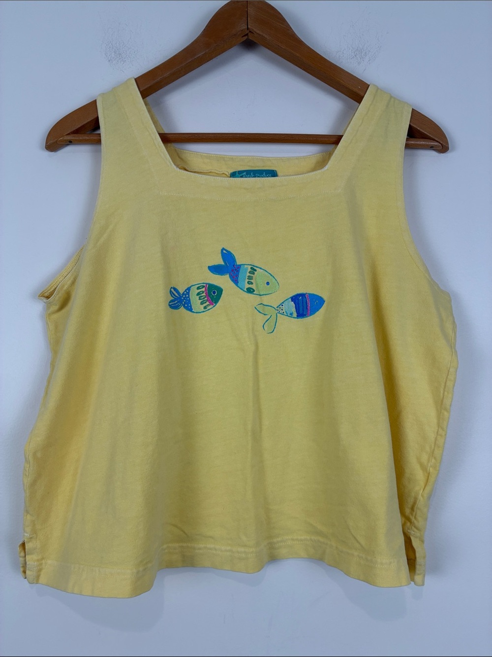 fresh produce Women’s Large Yellow Tank Top Fish Motif Boxy Square Strap 90s